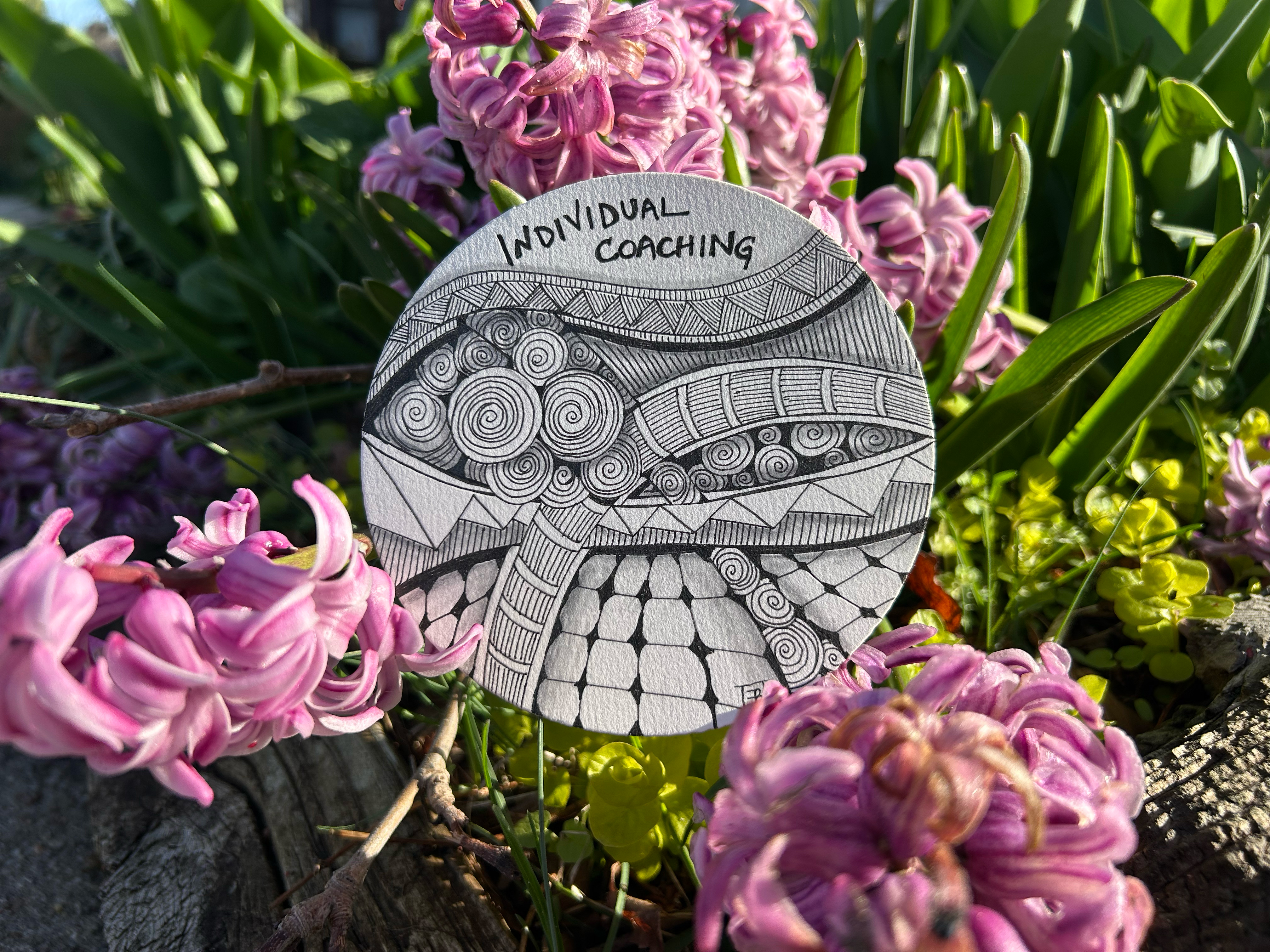 zentangle design placed in a bed of pink flowers